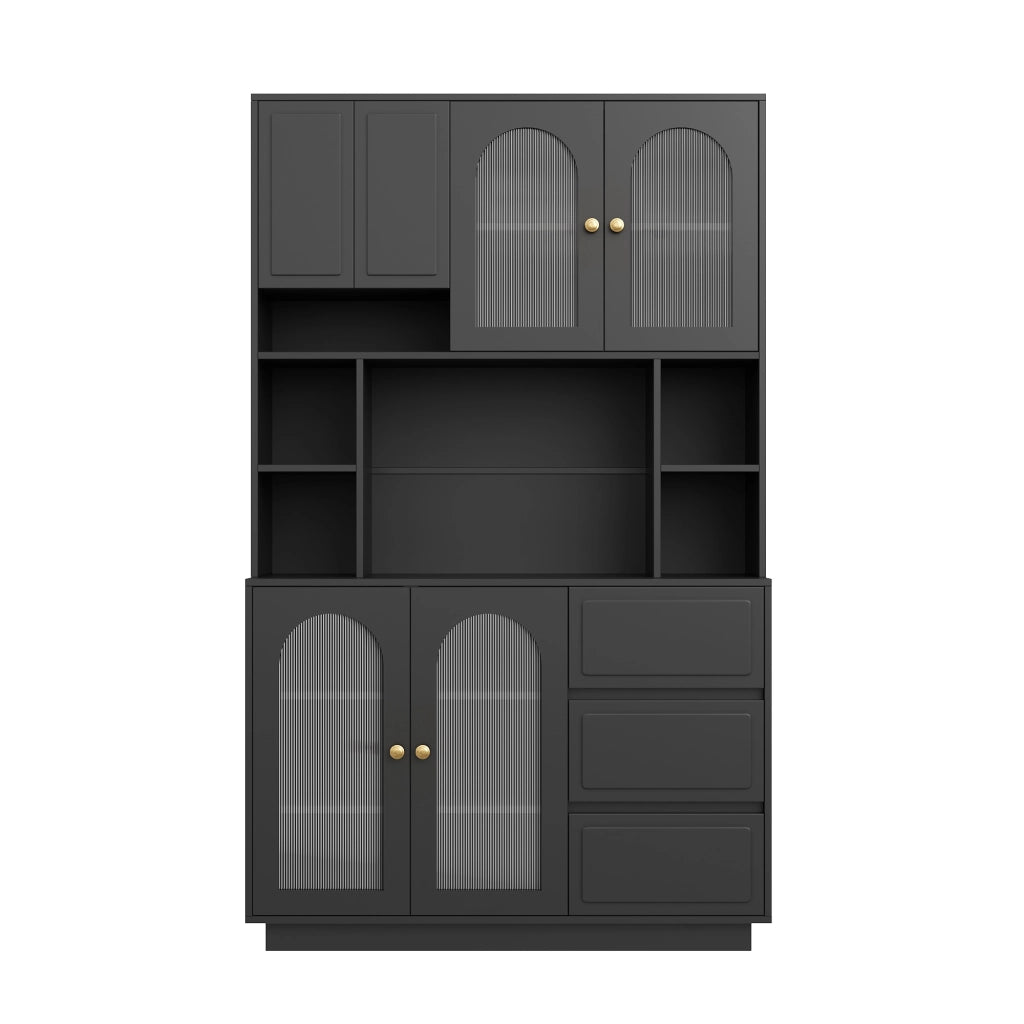 Credenza alta da cucina LED con 4 ante, 3 cassetti e ripiani regolabili, in MDF nero, 106 × 30 × 175 cm