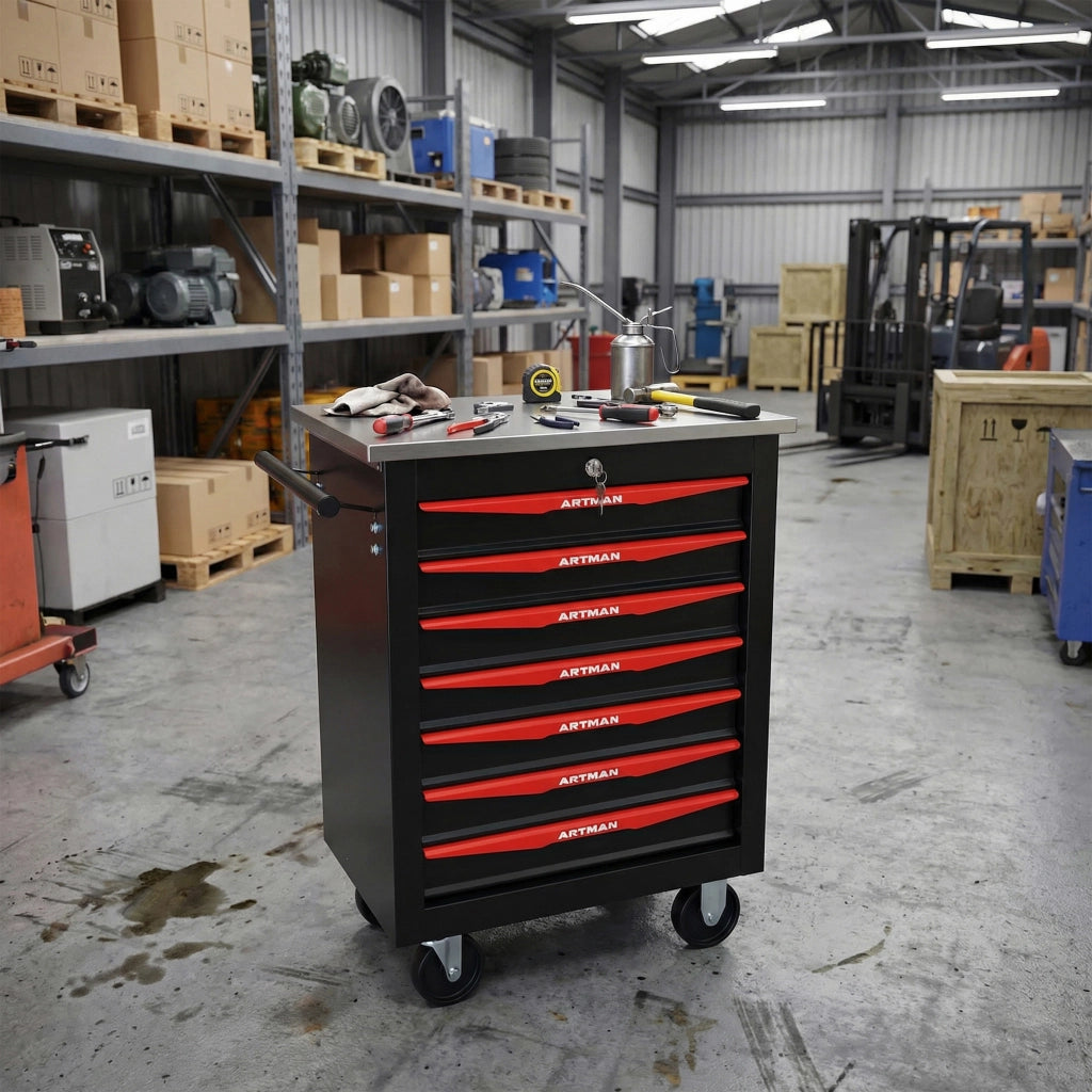 Carrello portautensili con 7 cassetti chiudibile a chiave in acciaio con ruote nero e rosso 62.5 × 34.5 × 78 cm