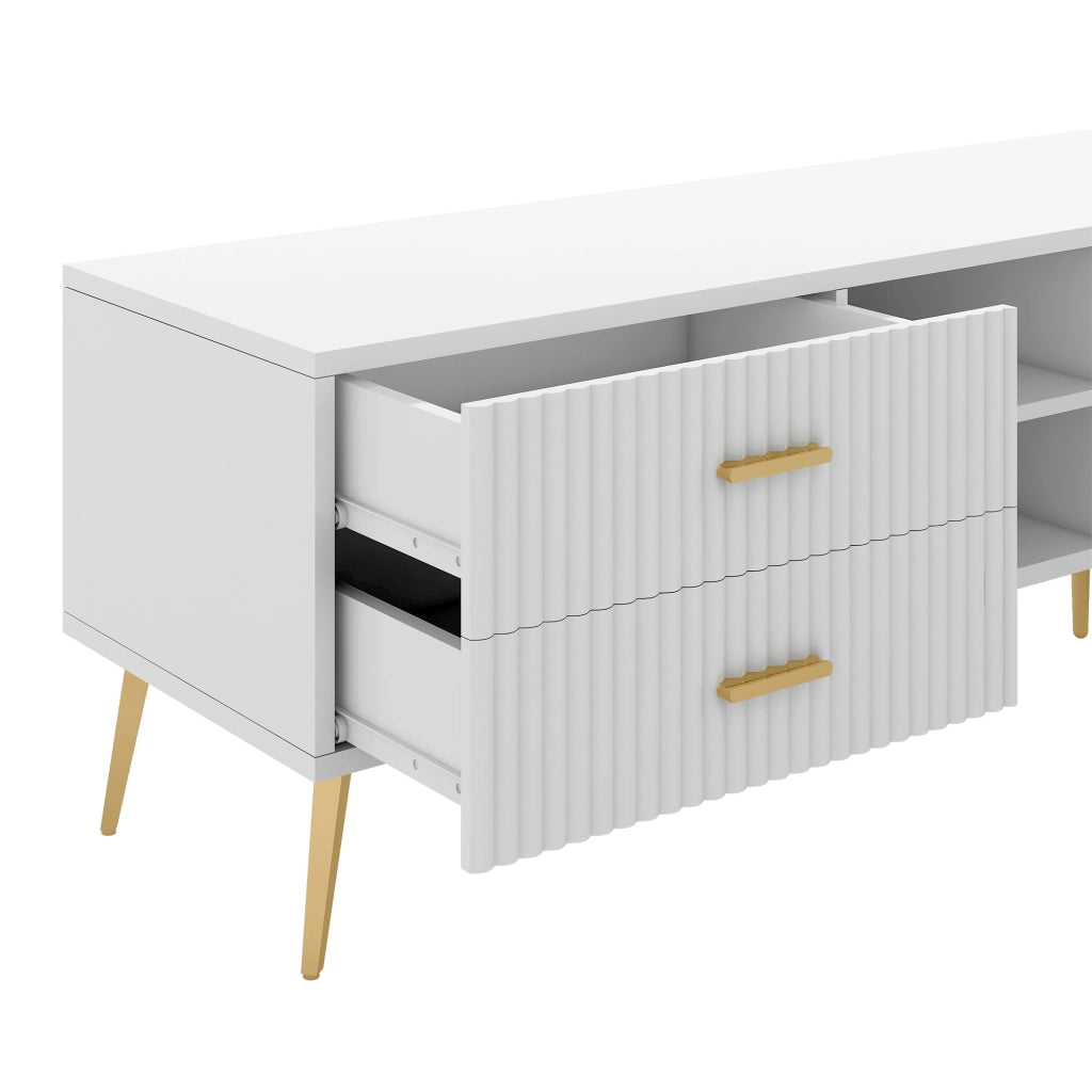 Mobile porta TV bianco in MDF con 2 cassetti e vani aperti, moderno e capiente