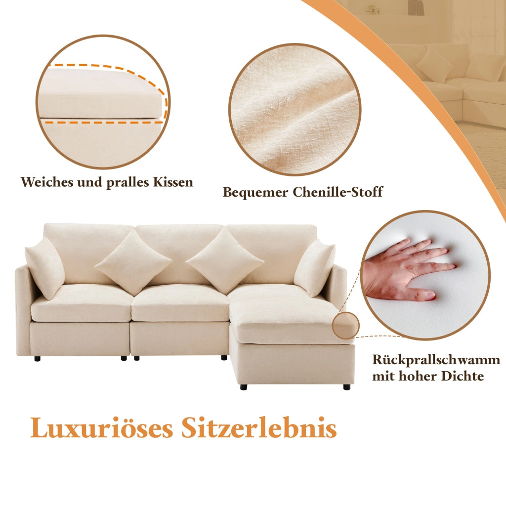 Divano angolare modulare 3 posti con pouf mobile e 4 cuscini, seduta profonda ergonomica in chenille beige