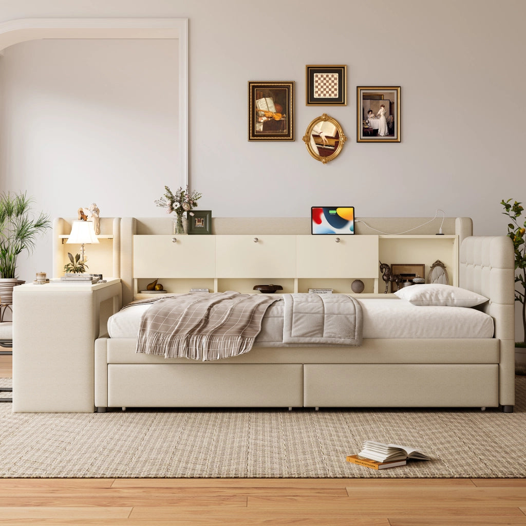 Letto giorno funzionale in lino beige 90x200 cm