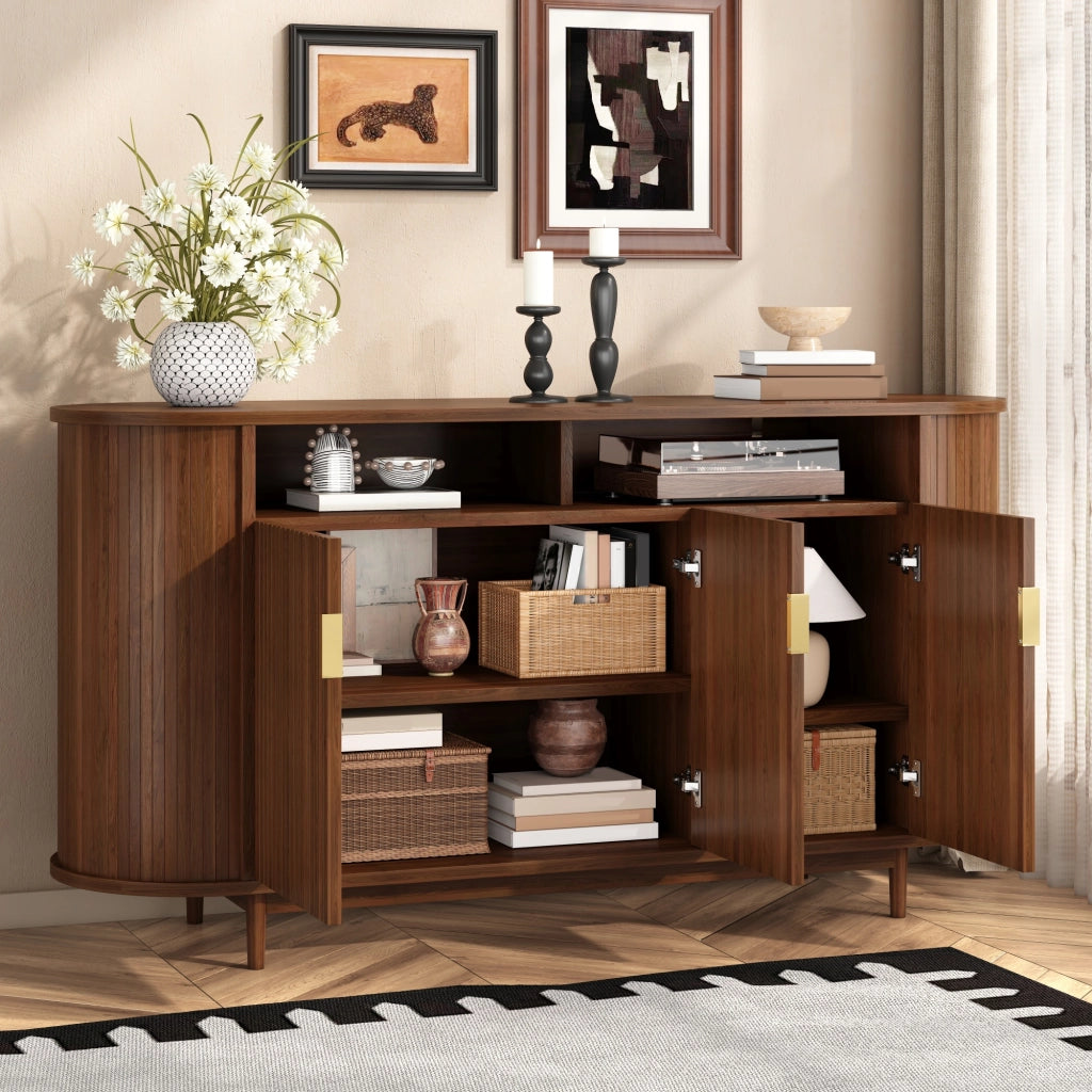 Credenza e madia con 3 ante e frontale rigato verticale per soggiorno in MDF e pannello truciolare noce 140 × 40 × 78 cm