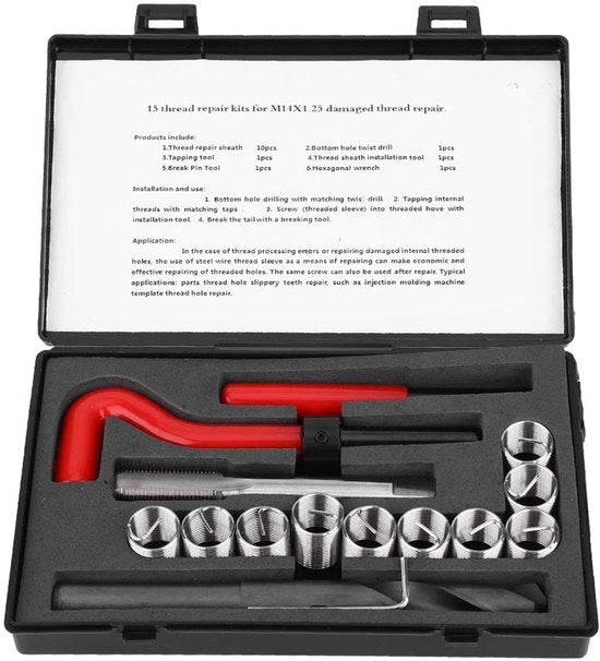 Set di riparazione di fili 15 pezzi - M14x1.25 Lunghezza - Bozza di spirale in acciaio inossidabile - Set di riparazione di dado - Set di riparazione Helicoil - Facile e rapido da utilizzare - Set di dadi