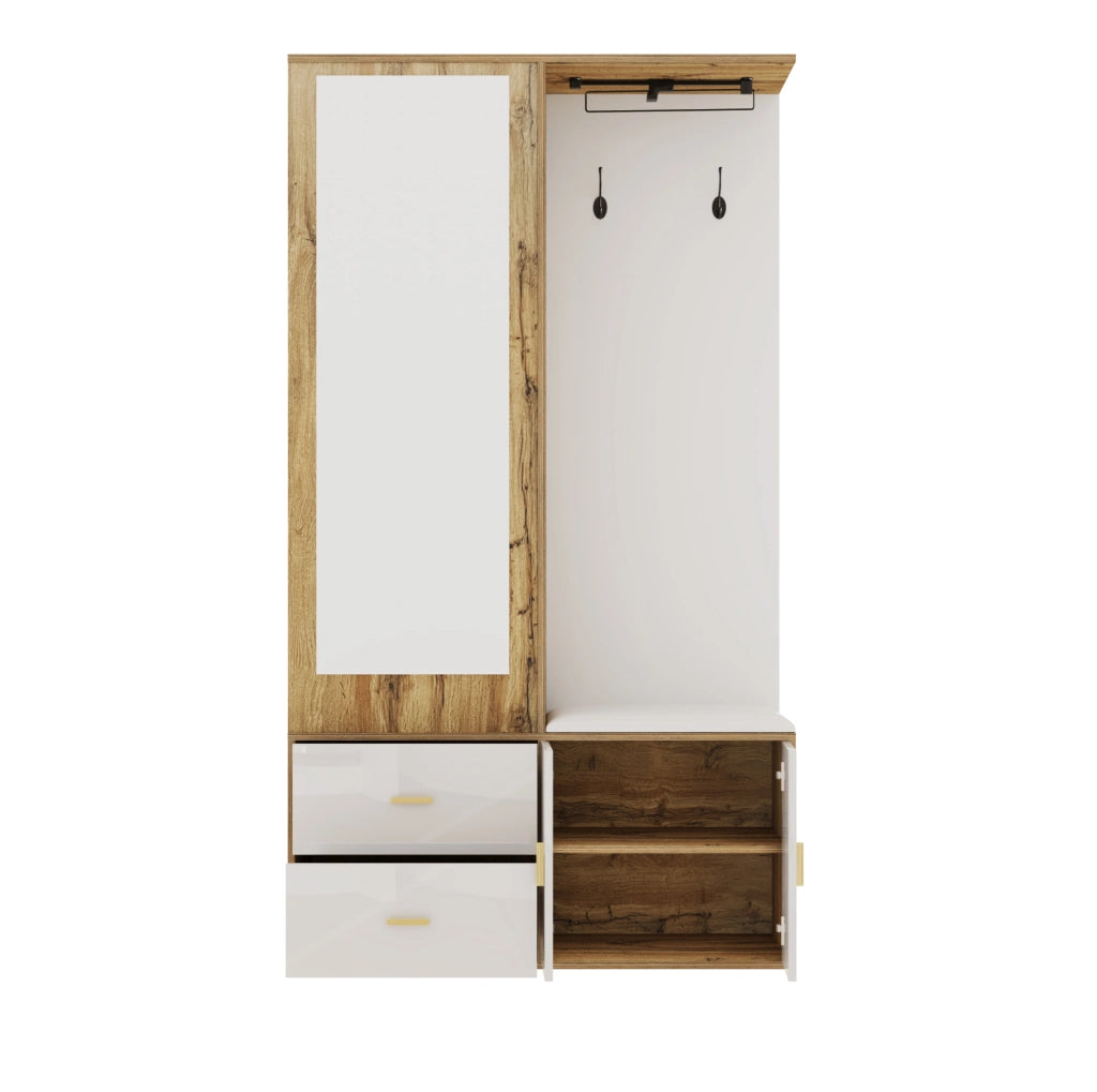 Set Appendiabiti Bianco e Legno con Specchio, Panca Scarpe e Grucce Estraibili, 100x38x180 cm
