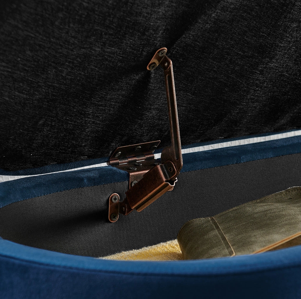 Panca contenitore in velluto blu con struttura in legno massello e gambe in metallo, 110x40x42 cm, 20L di spazio, per soggiorno, camera da letto o ingresso