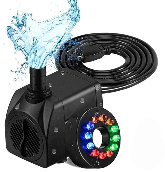 Pompa di acqua 800 l/h - Doppia pompa - Leggera - Per fontana/giardino/piscina - 12 lampade LED - 16 W