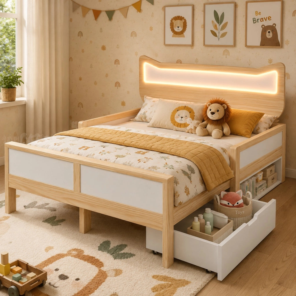 Letto 140x200 con LED RGB e Testiera a Forma di Gatto; Struttura in Legno Bianco e Rovere con Cassetti Reversibili