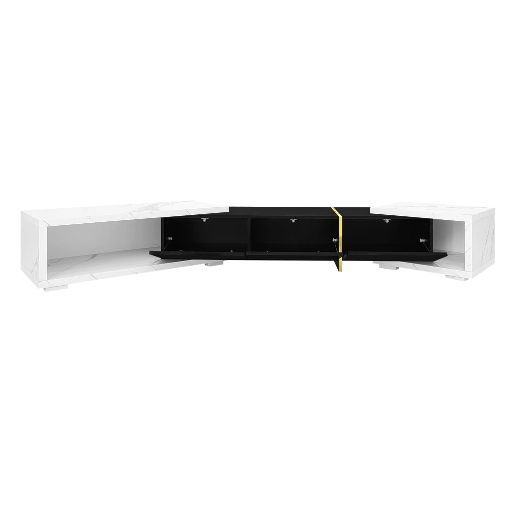 Mobile TV estensibile 140-260 cm girevole in MDF e pannello truciolare nero e marmo bianco