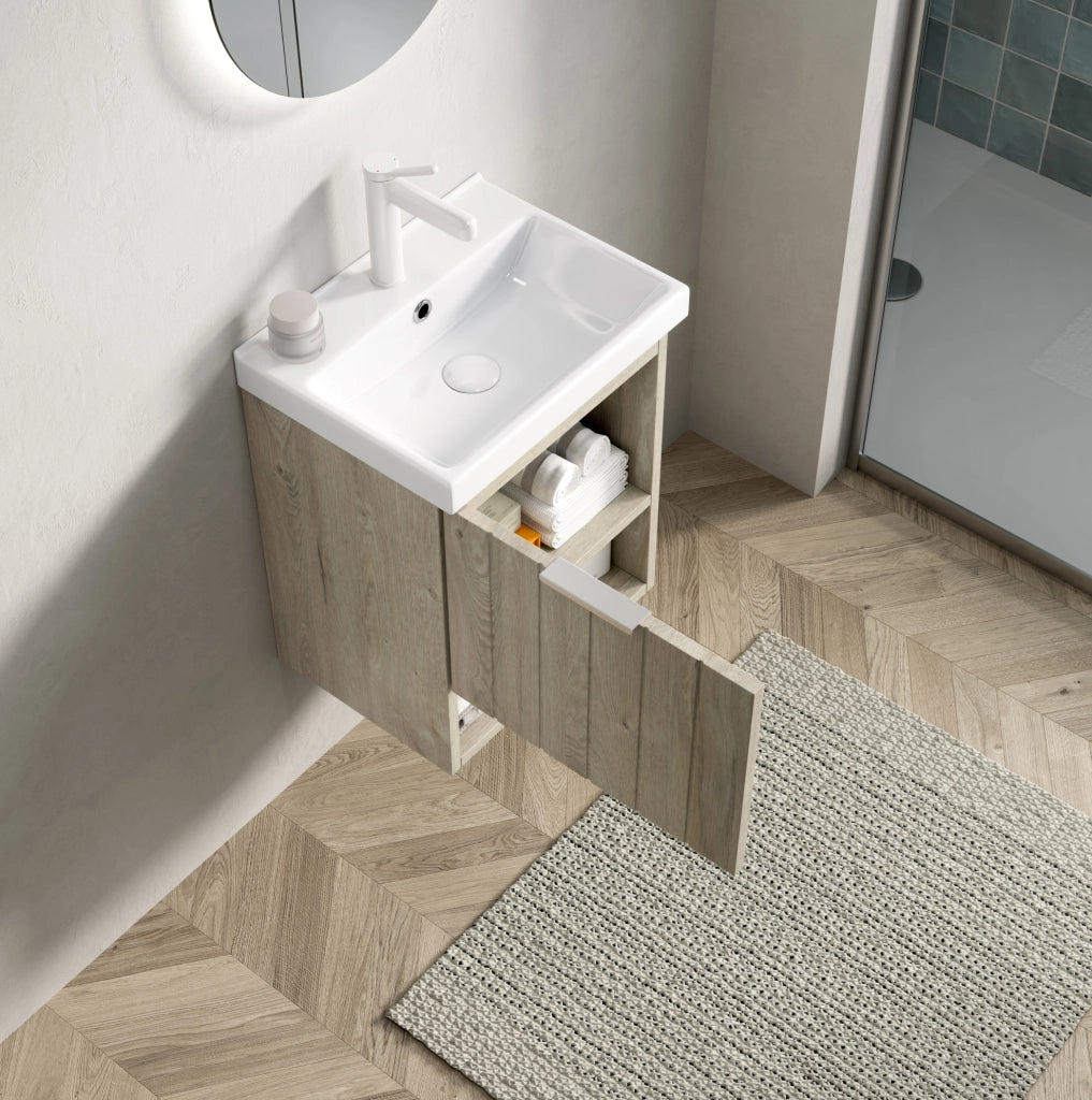 Mobile bagno 42 cm con lavabo in ceramica bianca, armadietto a doppia anta e ripiano aperto finitura rovere crema