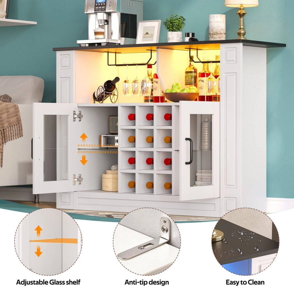 Mobile bar per vini 120x35x84 cm con LED RGB; portabicchieri e 12 vani; MDF bianco