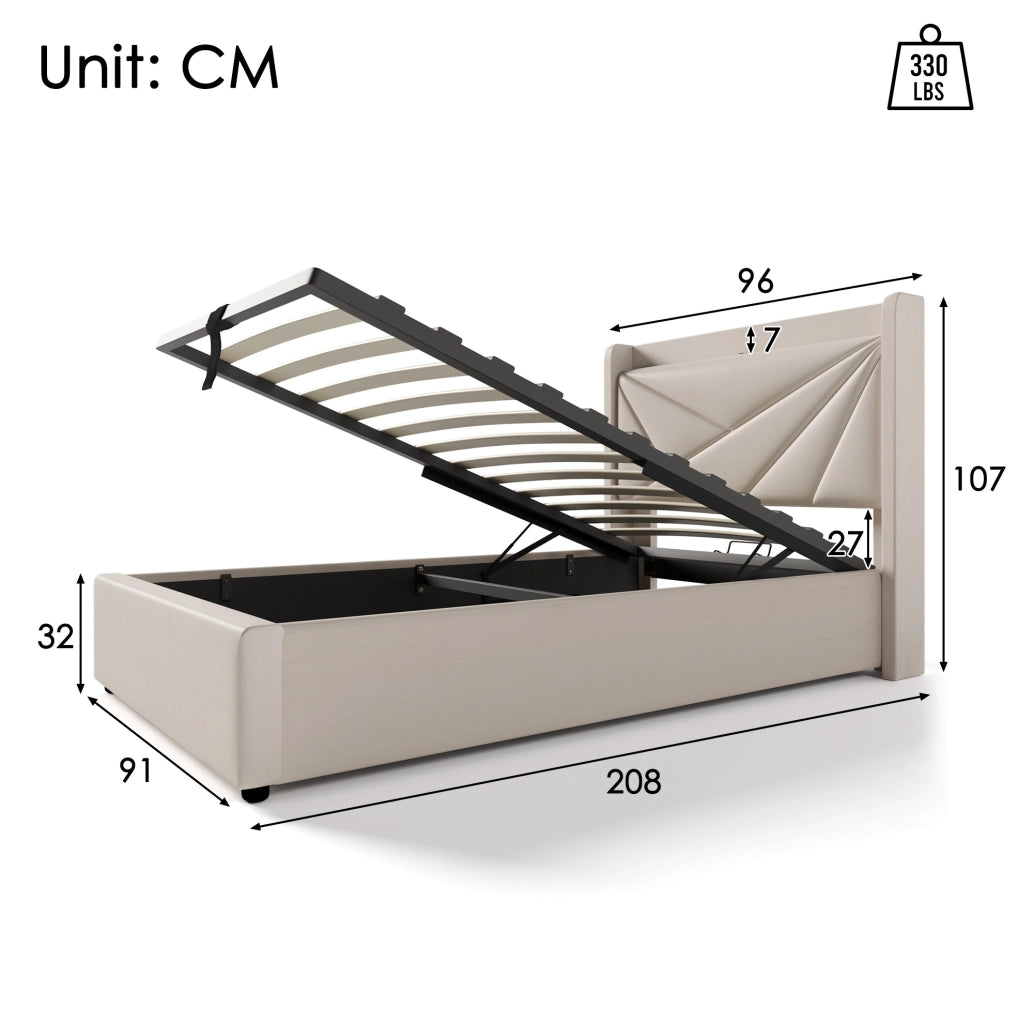 Letto singolo con contenitore 90x200 cm; testiera con USB e Type-C; beige
