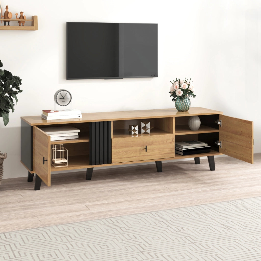 Mobile TV da 170 cm con ante; cassetto e vano aperto in legno e nero
