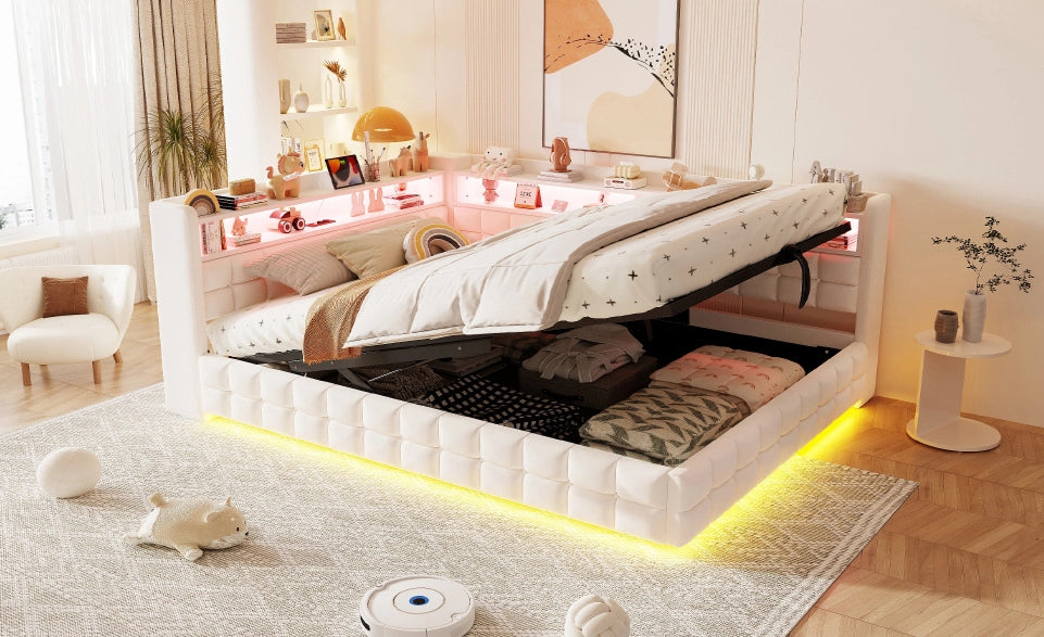 Divano letto imbottito ULEVR 140x200 cm con vano idraulico, LED, presa USB e Type-C, velluto beige