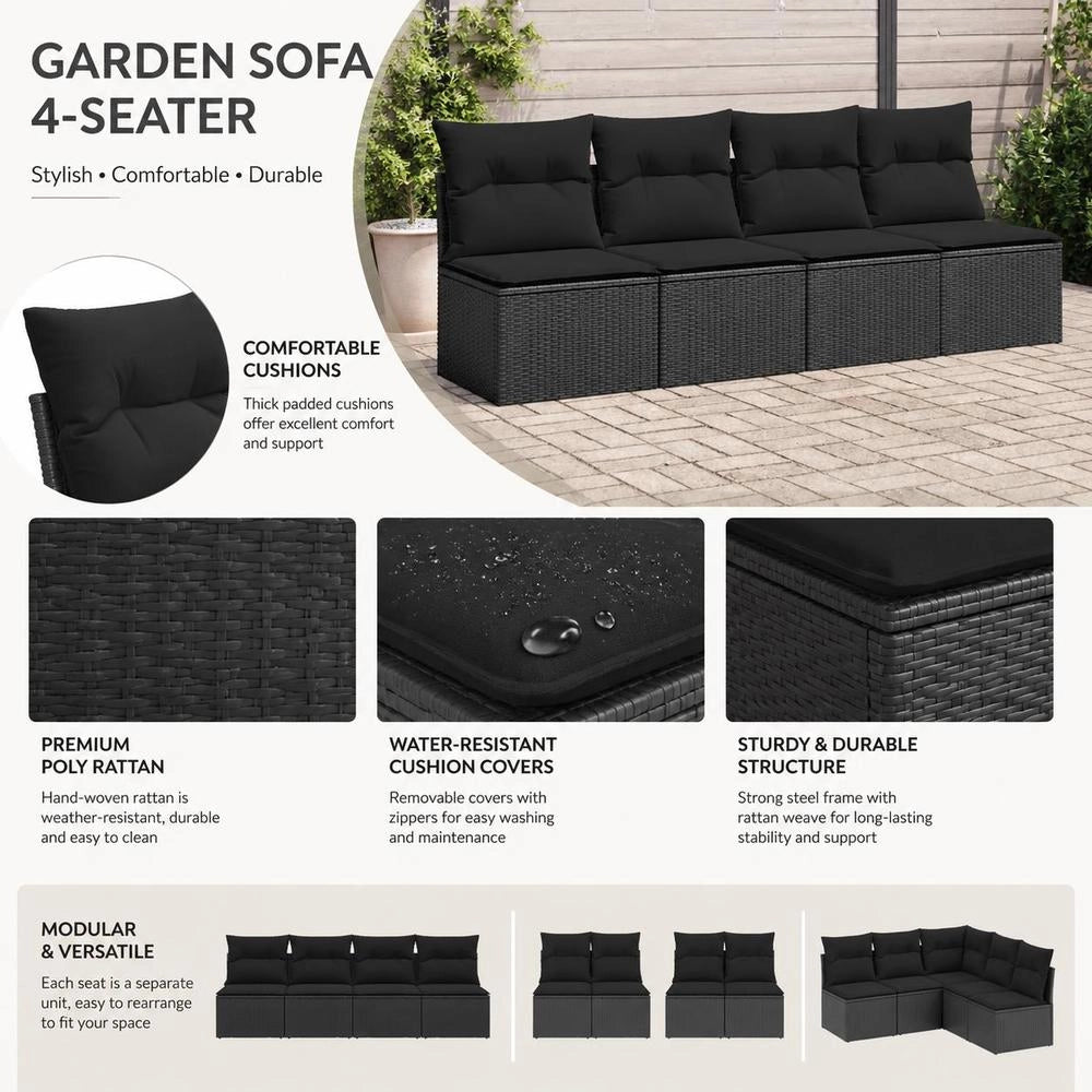 Garden Sofa With Cushions 4-seater Black Poly Rattan