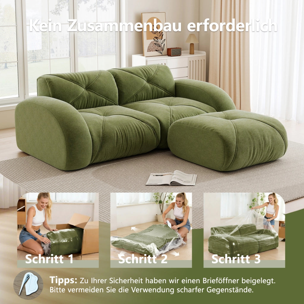Divano modulare senza struttura con pouf in ciniglia verde schiuma ad alta densità 32D design basso 204 × 171 × 76 cm