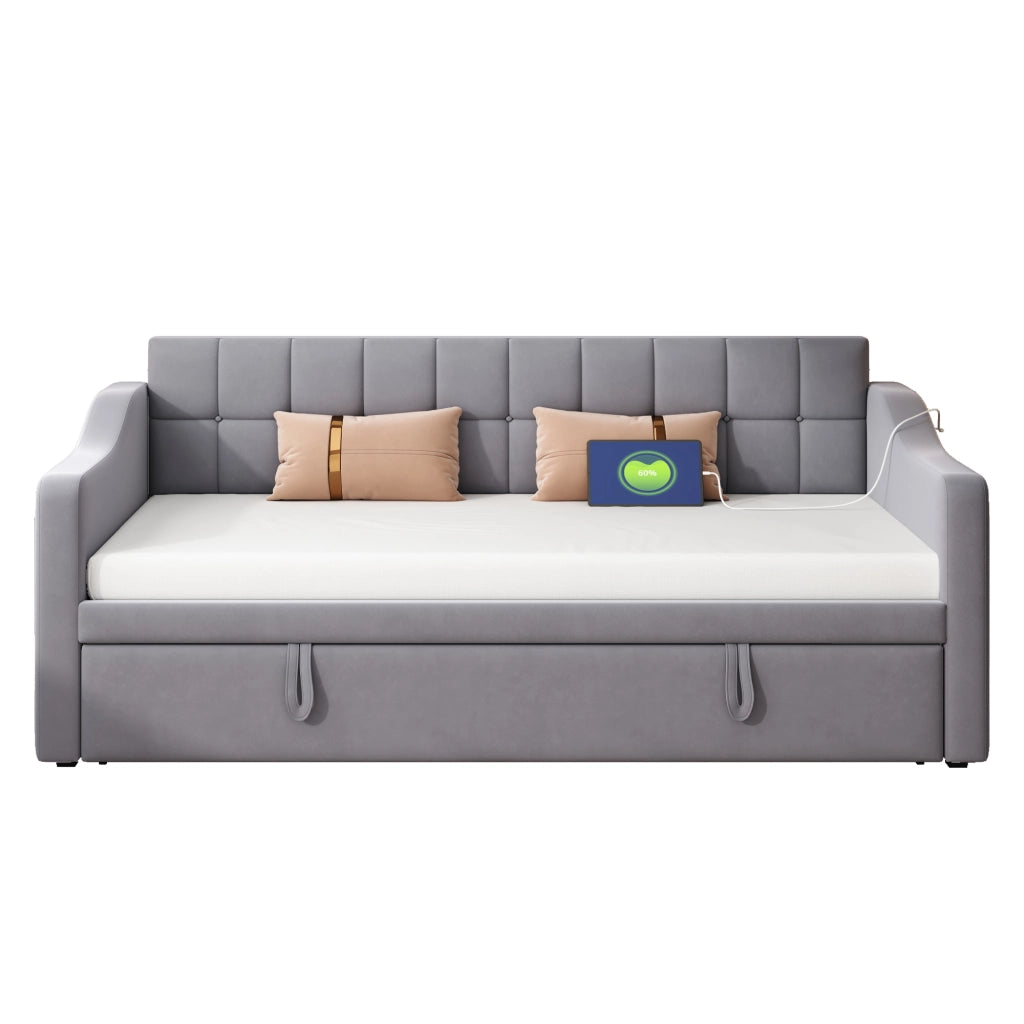 Letto divano estraibile 90×190 e 180×190 cm; 2 posti con porte USB sui braccioli; senza materasso; velluto grigio