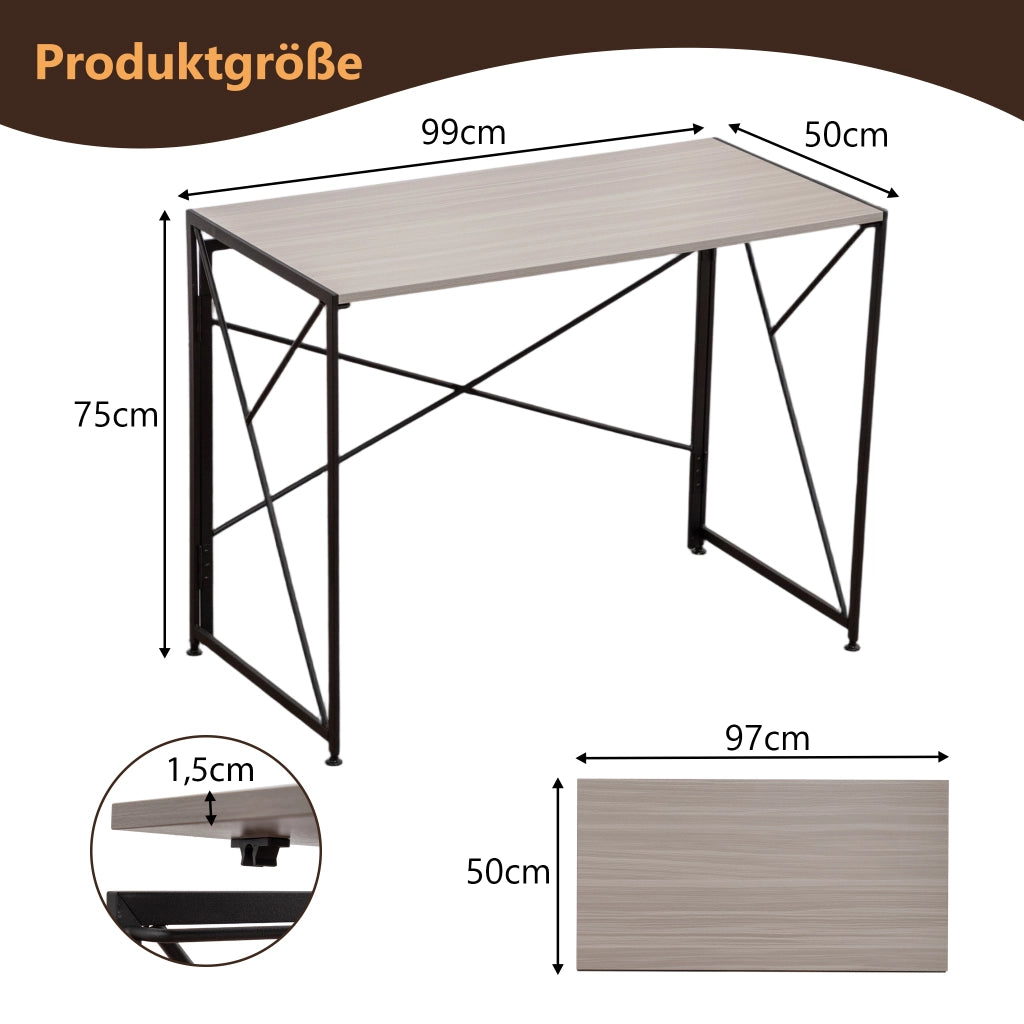 Scrivania dritta pieghevole in MDF e metallo naturale per home office e piccoli spazi 99 × 50 × 75 cm