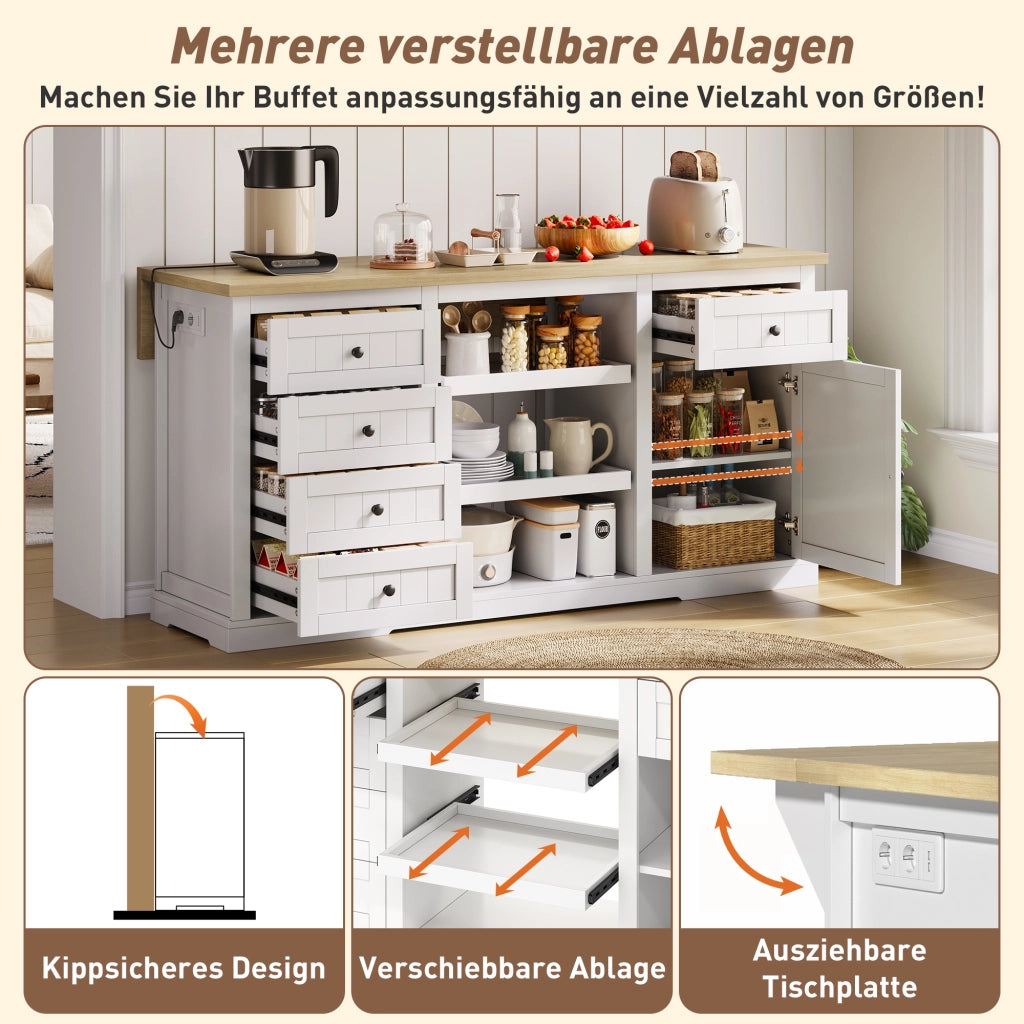Credenza con piano ribaltabile 5 cassetti 2 ripiani estraibili prese e USB bianco naturale 150 × 65 × 75.5 cm