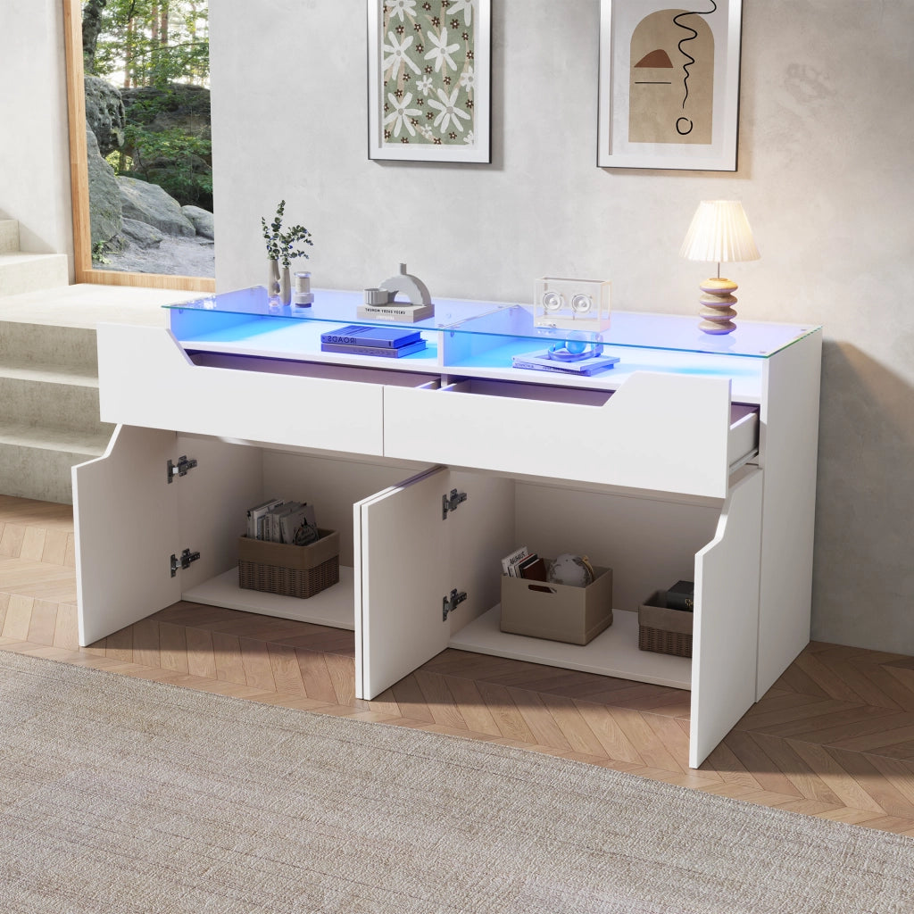 Credenza LED con 2 cassetti e vani, vetro temperato, per soggiorno e sala da pranzo, MDF bianco, 140 × 40 × 70 cm