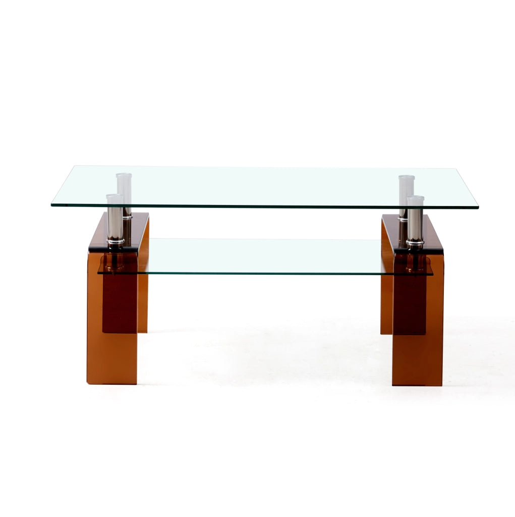 Tavolino da salotto in vetro temperato 100x55x45 cm con ripiano e gambe marroni HOMVRA