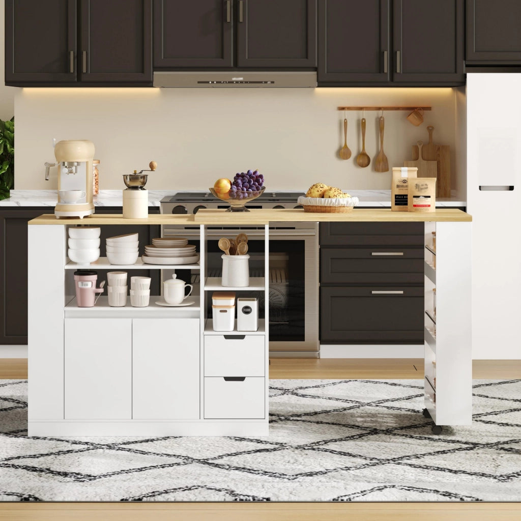 Mobile isola cucina con piano girevole estraibile due cassetti ripiano a tre livelli MDF bianco naturale 115 × 50 × 92 cm