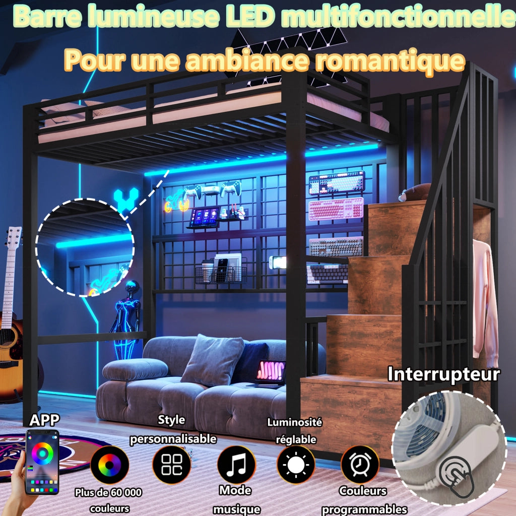 Letto a soppalco 90 × 200 cm con scala guardaroba griglia appendibile luci LED 7 colori metallo nero