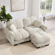 Divano angolare modulare 2 posti in chenille color khaki chiaro con pouf mobile e cuscini imbottiti