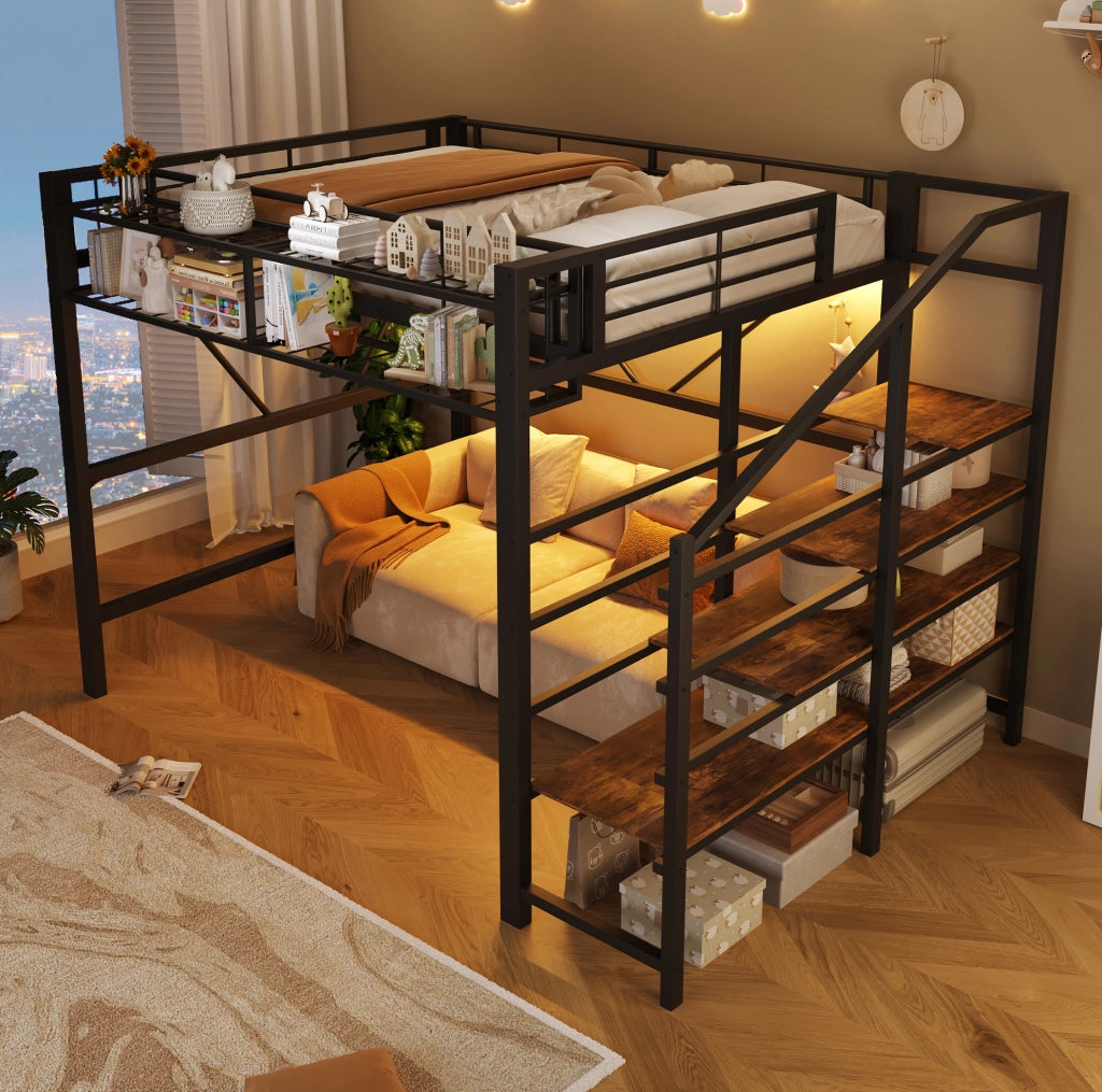 Letto a soppalco 140x200 cm con LED e scala a ripiani in metallo e MDF nero