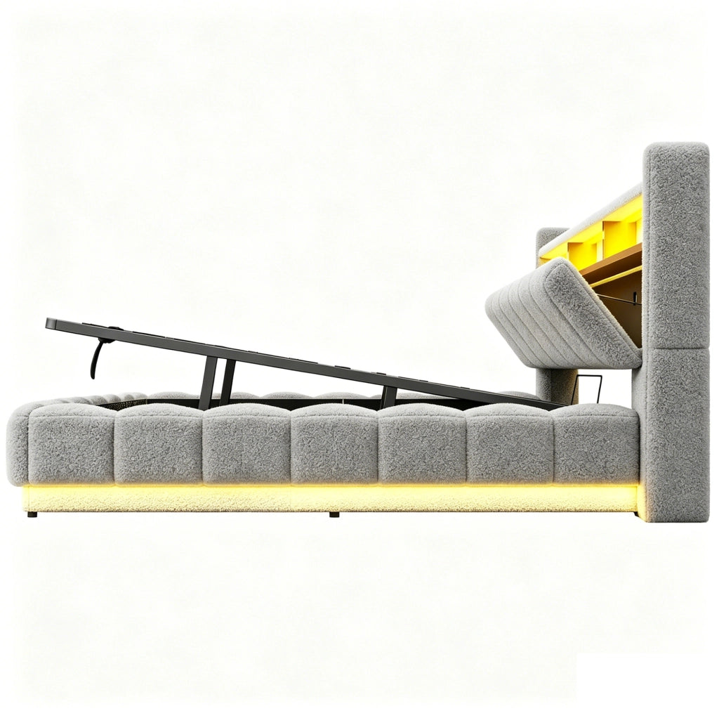 Letto contenitore imbottito ULEVR 180x200 cm con sollevamento idraulico, LED, USB e presa, tessuto boucl¨¦ grigio