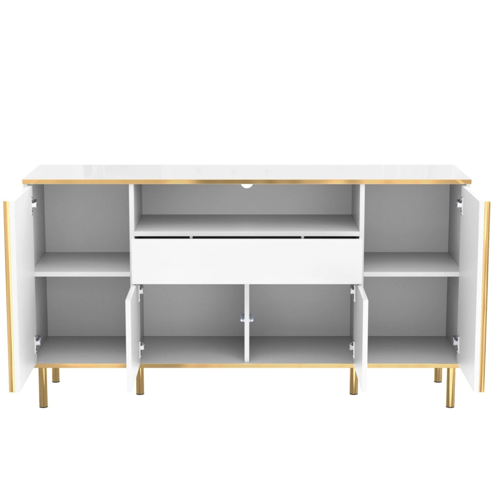 Credenza bianca lucida 150 cm con LED, 4 ante e cassetto