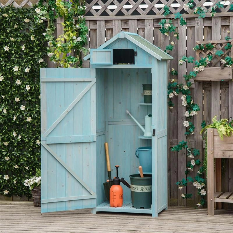CASETTA DA GIARDINO PORTA ATTREZZI IN LEGNO CON 3 RIPIANI 77X54.2X179CM BLU