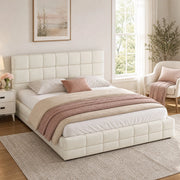 Letto a piattaforma 180x200 cm in velluto beige con testiera, per camera, senza materasso –
