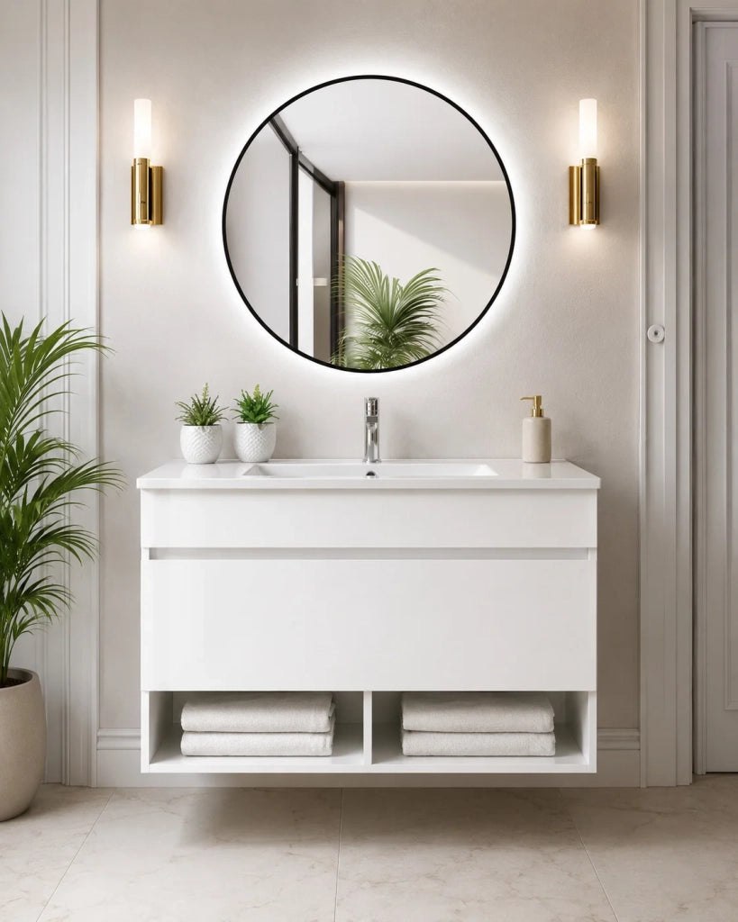 Mobile bagno sospeso con lavabo ORIGENBATH NEBARI con cassetto con colonna 90x45 cm bianco con colonna