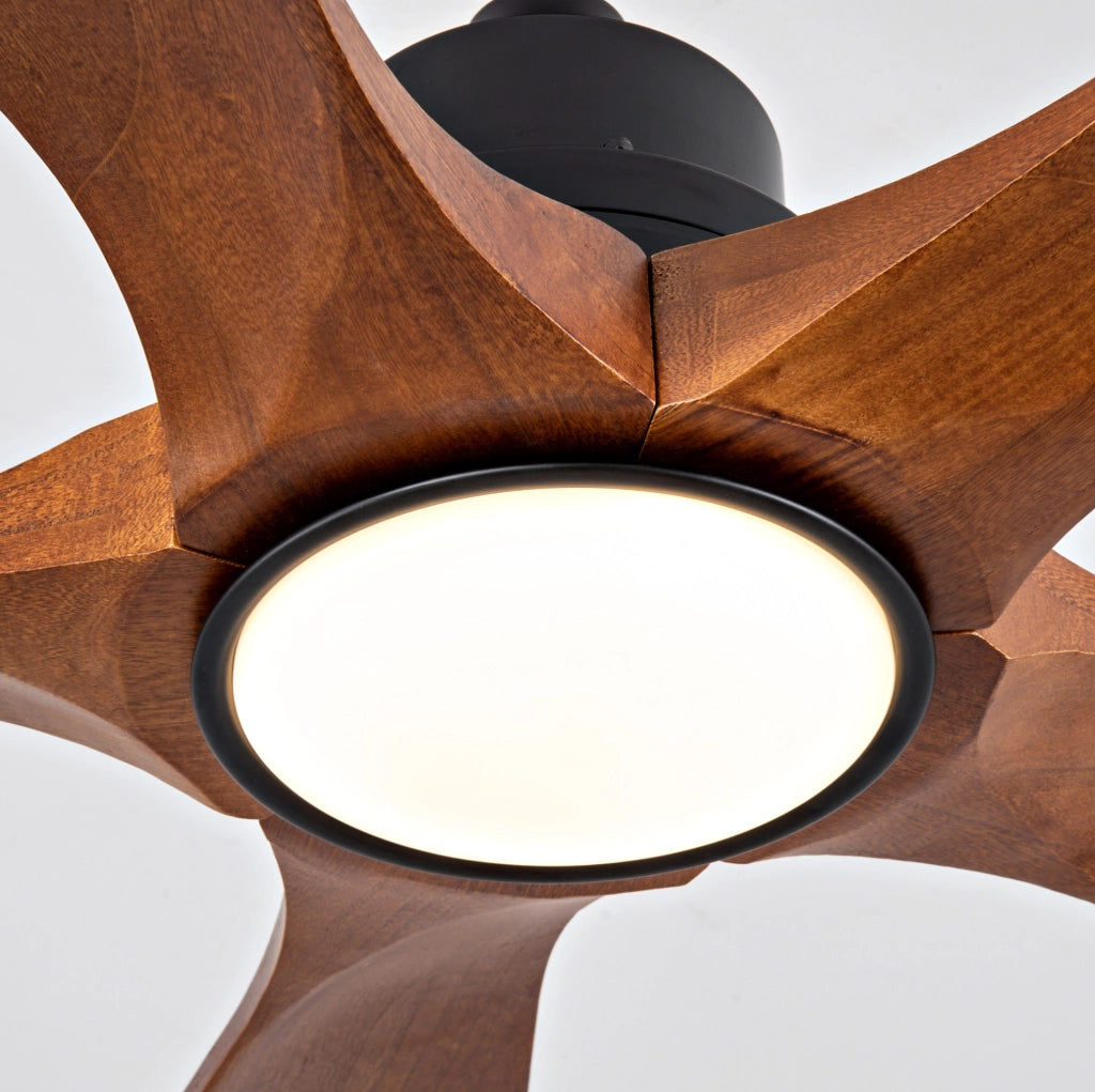 Ventilatore a soffitto 42 pollici con 5 pale in legno di Paulownia, luce LED dimmerabile e telecomando, 6 velocità, funzione inversione, adatto per soggiorno e patio