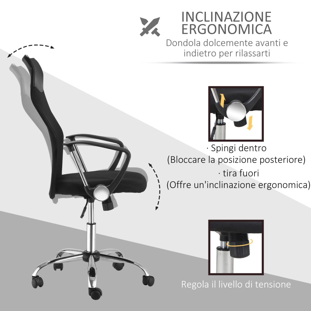 Sedia Ergonomica da Ufficio Girevole e Dondolo con Ruote, Altezza Regolabile e Schienale a Rete, 63x65x109-119 cm, Nero