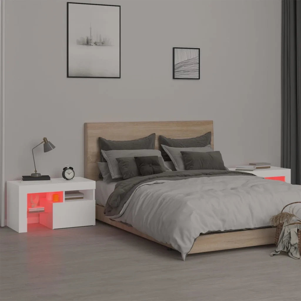 Comodini 2 pz con Luci a LED-Set di 2 Tavolino da notte Bianchi 70x36,5x40 cm