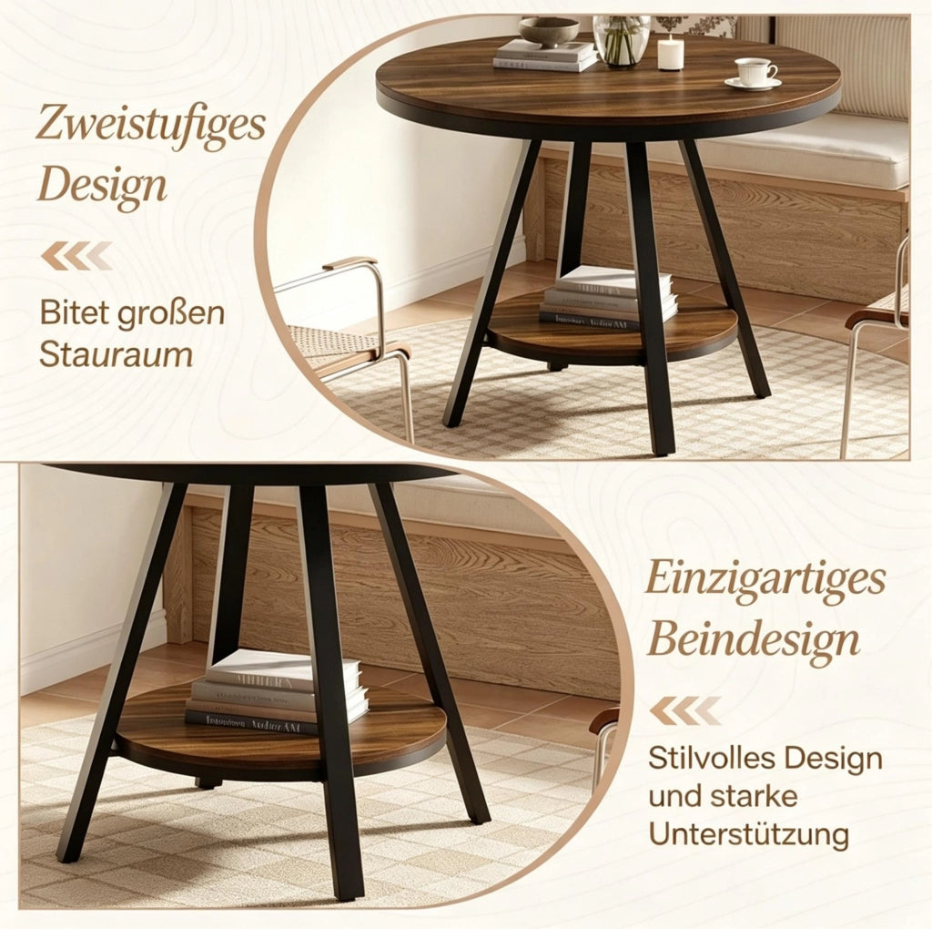 TAVOLO da Pranzo Rotondo Ø 90 cm MDF e Metallo Nero/Marrone Rustico
