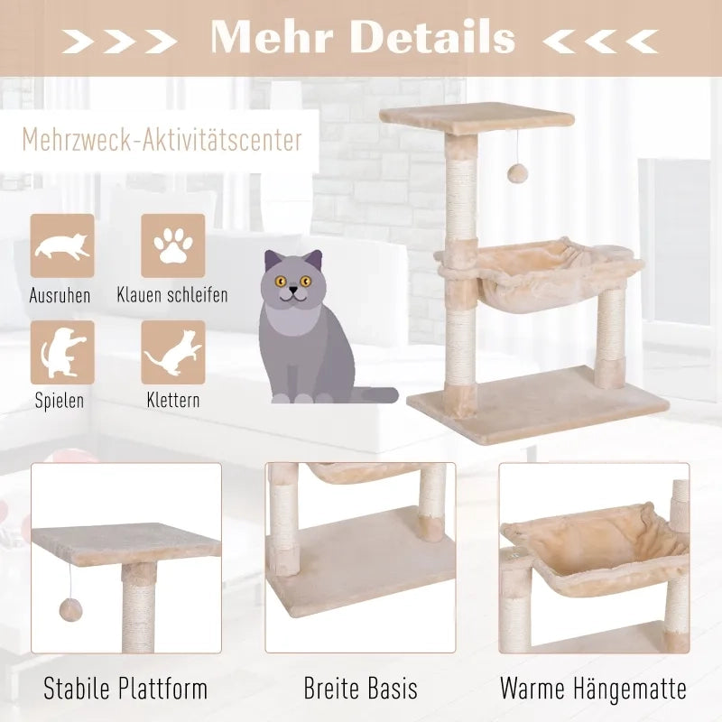 Albero tiragraffi per gatti in truciolato beige con colonna in sisal e amaca in peluche, 50 x 36 x 70 cm