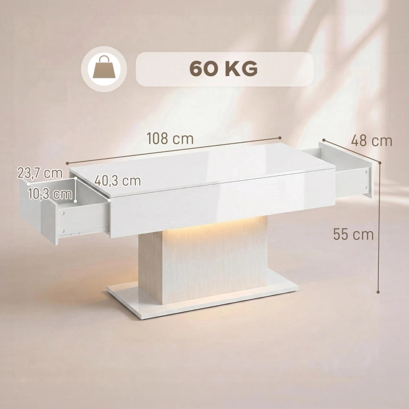 TAVOLO DA CAFFÈ LED con 2 cassetti, bianco lucido