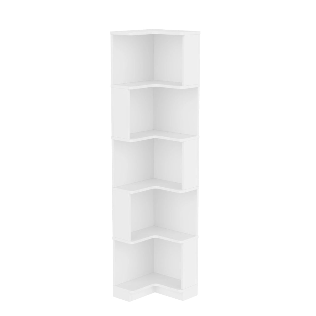 Libreria Angolare Bianca Scaffale a Forma di L con Luci LED e 5 Ripiani