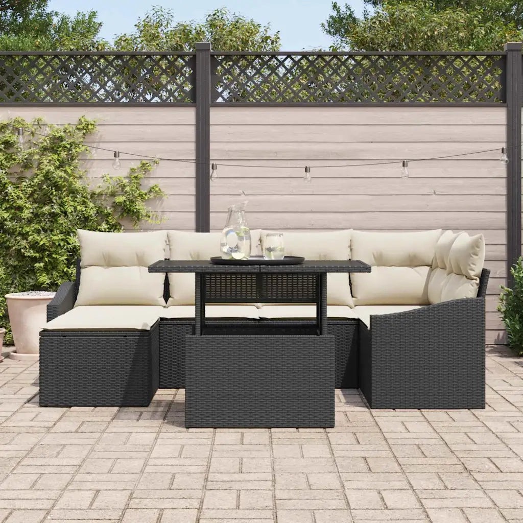Set Divano da Giardino con cuscino 7 pcs Nero e crema