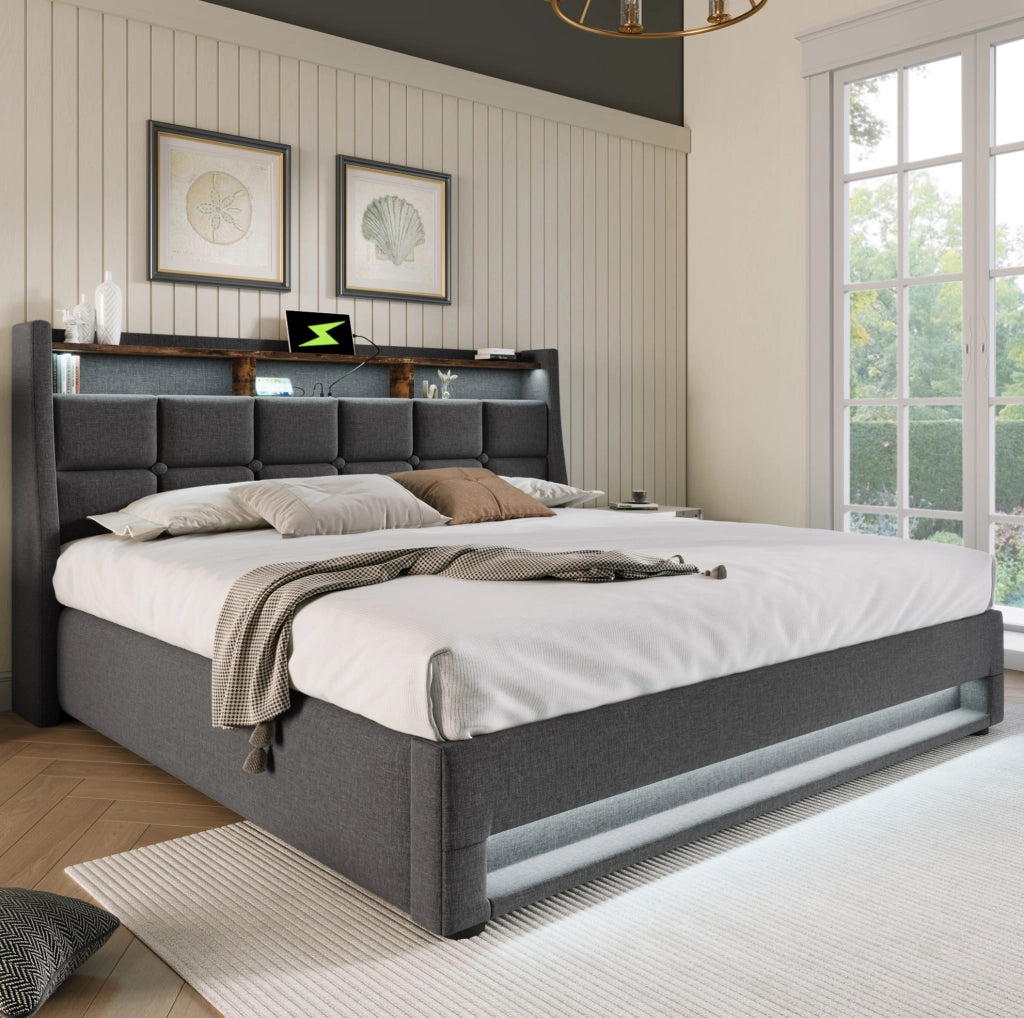 Letto imbottito 160 x 200 cm grigio con LED, USB e contenitore