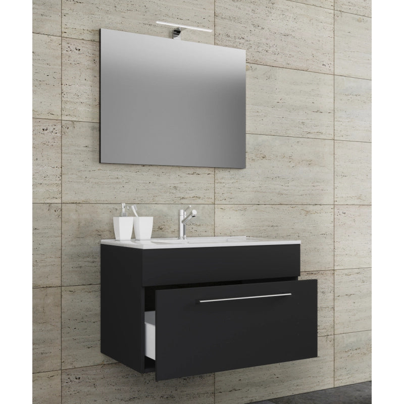 Completo di Ezooza Mobile sospeso con 1 cassetto Large con lavabo in ceramica di alta qualità e specchio, Nero ,