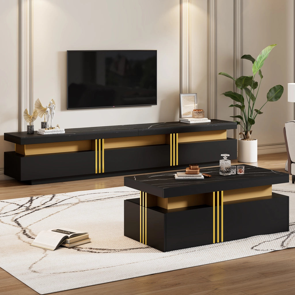 OKWISH Set 1 Mobile TV e 1 Tavolino da Salotto, con 3 Cassetti e 2 Cassetti, Pannelli di Truciolare Nero