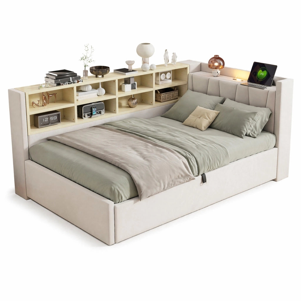 Letto contenitore 90 × 200 cm con testiera imbottita LED USB e Type-C ripiani laterali in velluto beige