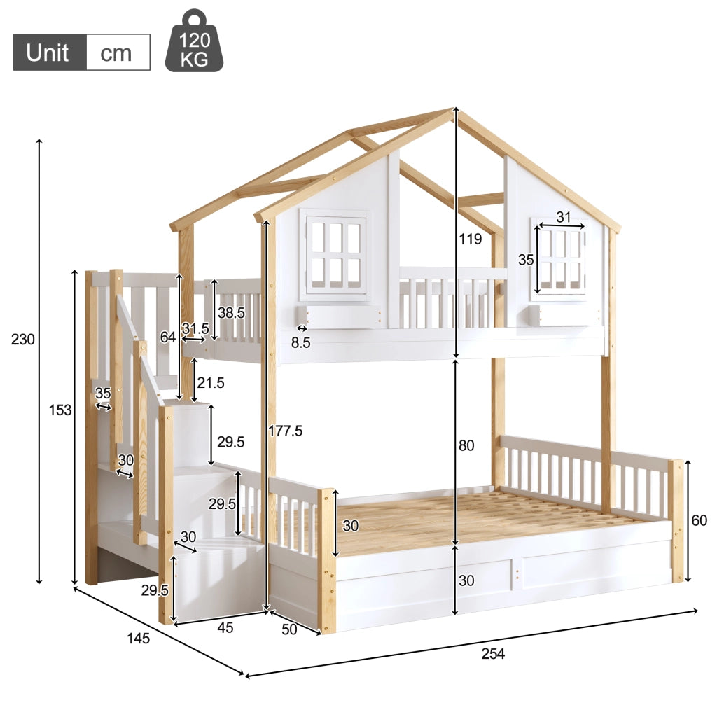Letto a castello per bambini 90 × 200 cm e 140 × 200 cm in legno bianco con LED e scala contenitore