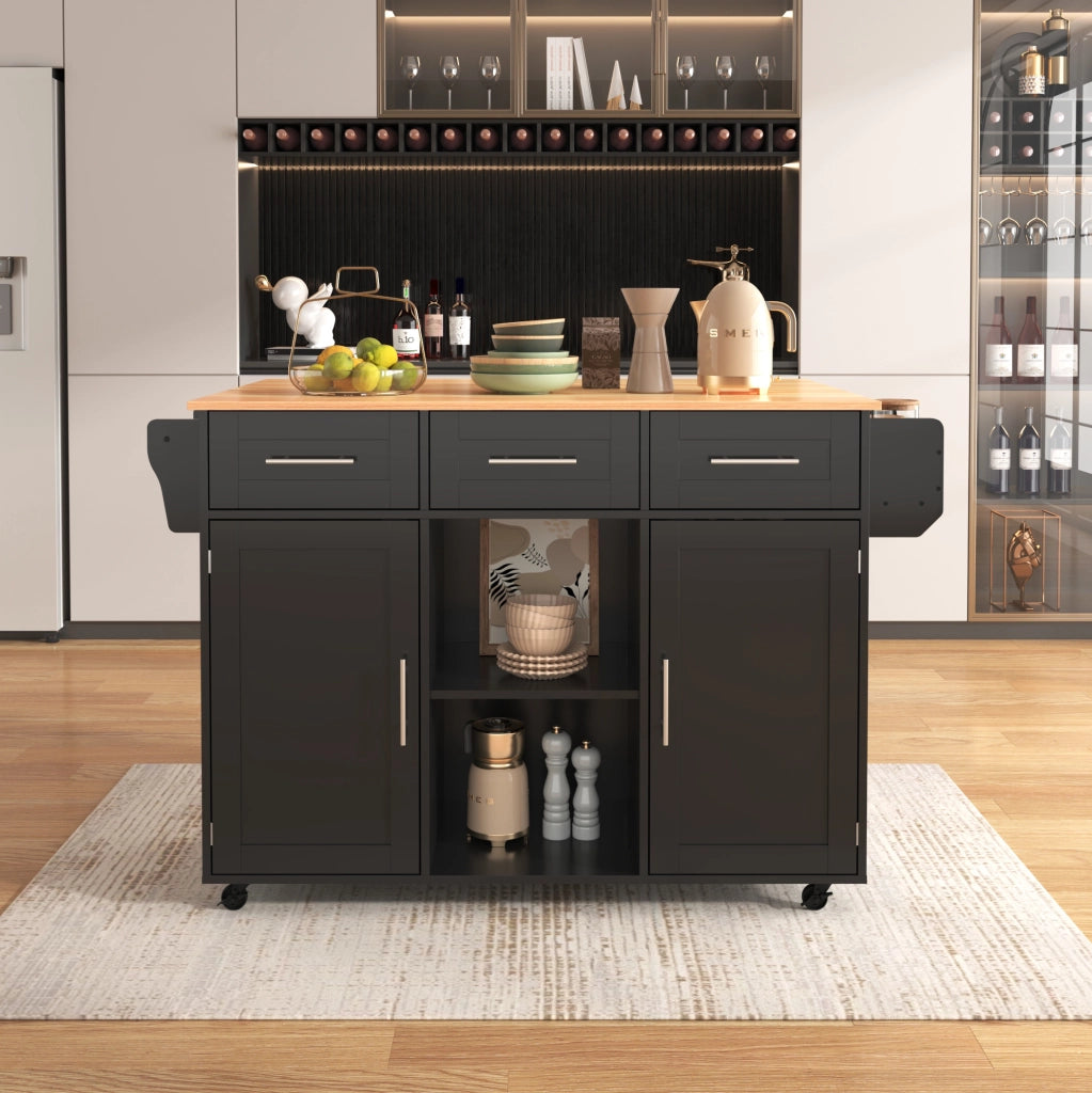 Carrello da cucina 139 x 46 x 91,5 cm nero effetto legno, piano ribaltabile, ruote