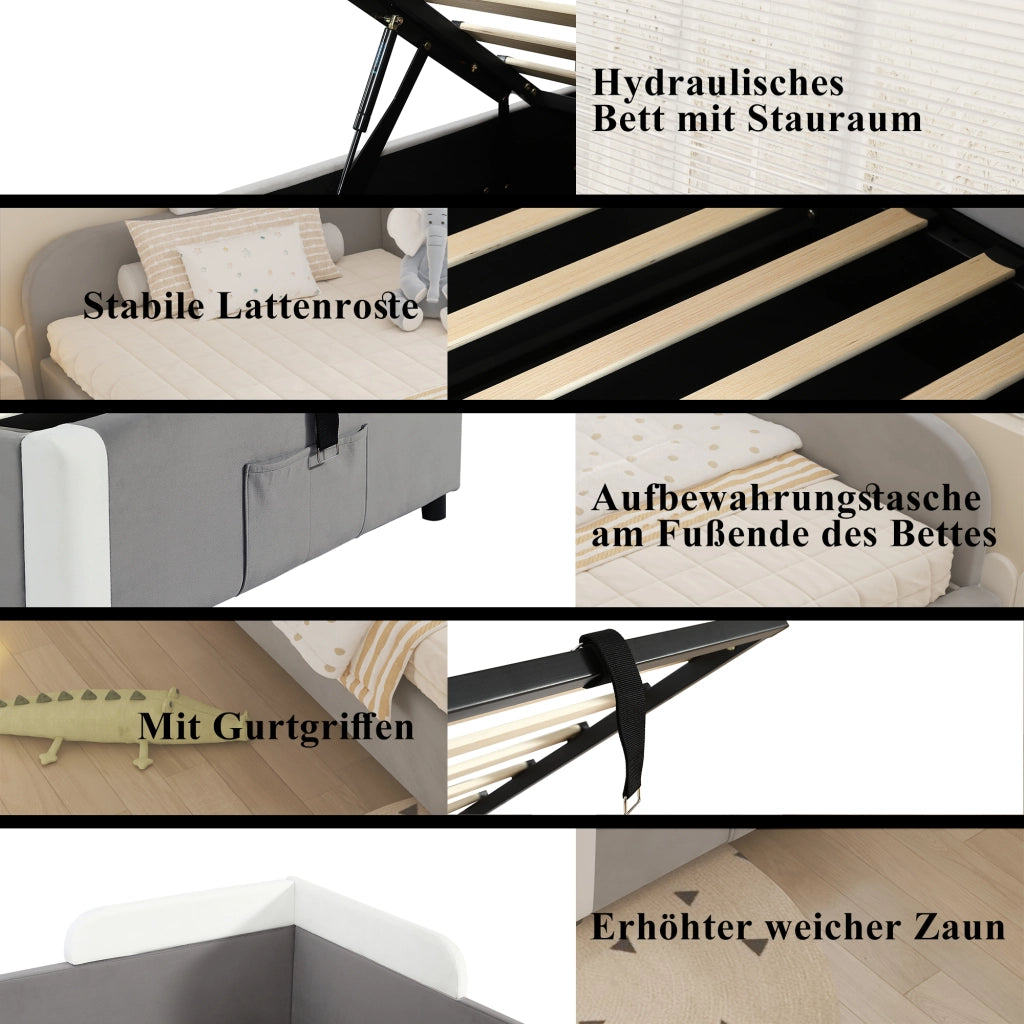 Letto contenitore 90 × 200 cm con sollevamento idraulico e barriera imbottita in velluto grigio