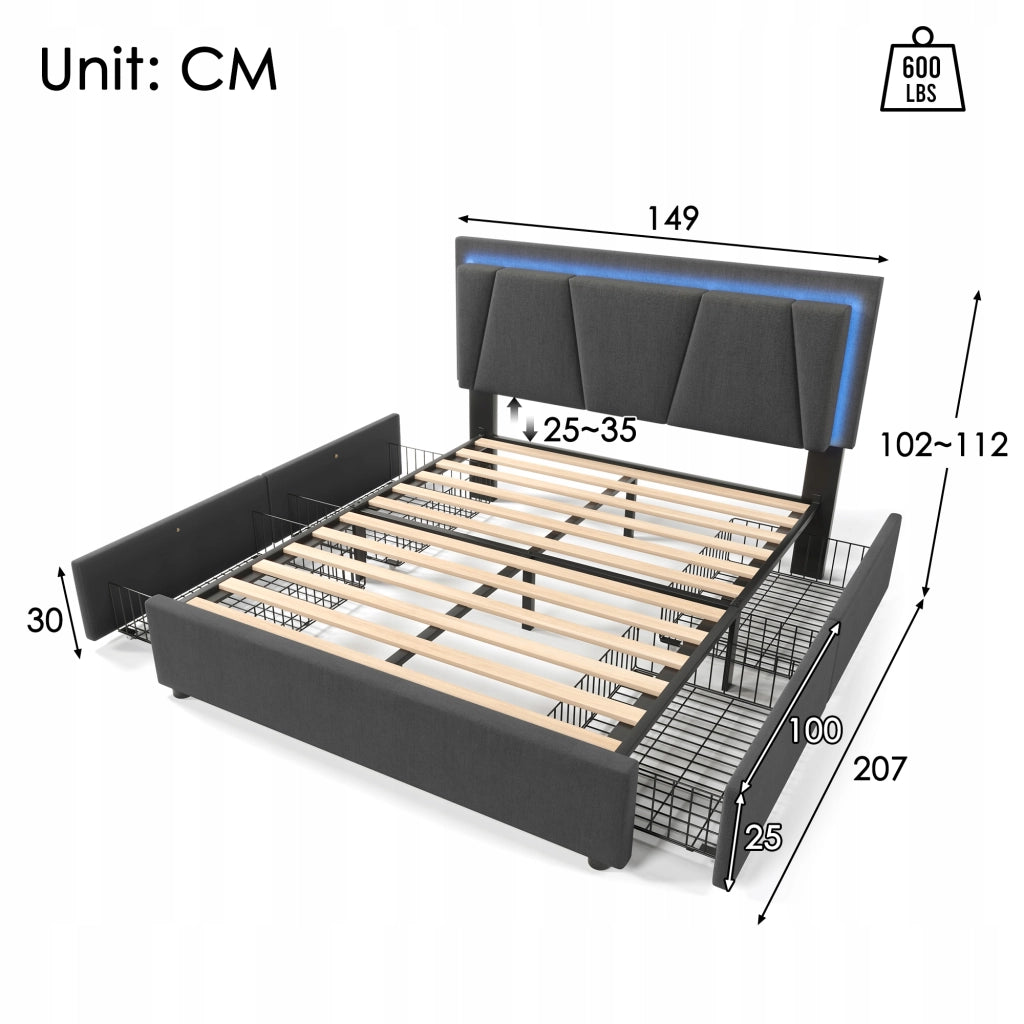 Letto singolo 140x200 - Xylo - Grigio con USB e 4 cassetti
