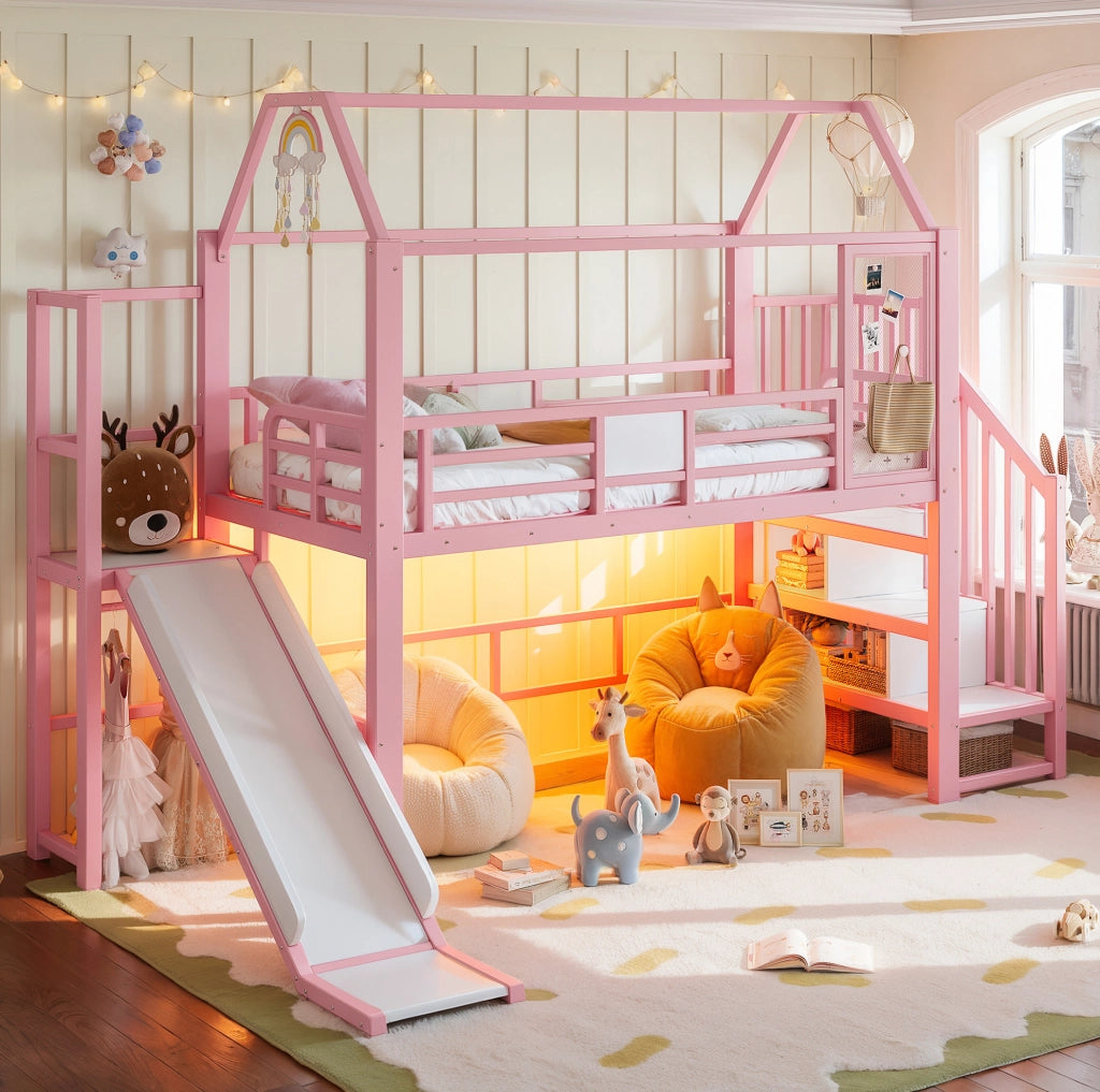 Letto a soppalco per bambini 90x200 cm a casetta con scivolo; scala contenitore e LED Bluetooth rosa HOMVRA